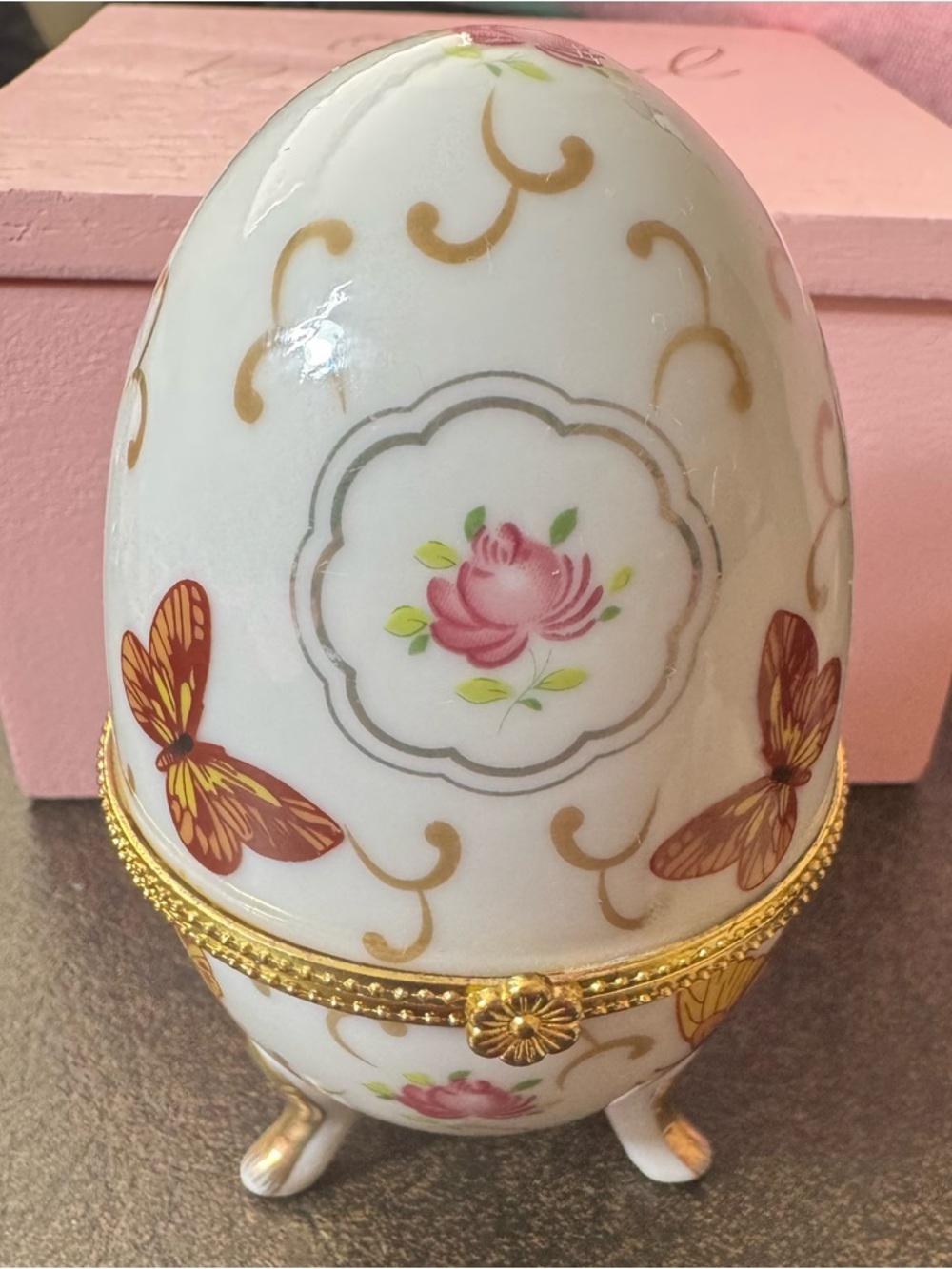 Vintage Porcelain Decorative Egg Trinket Box with Pink Rose & Butterflies